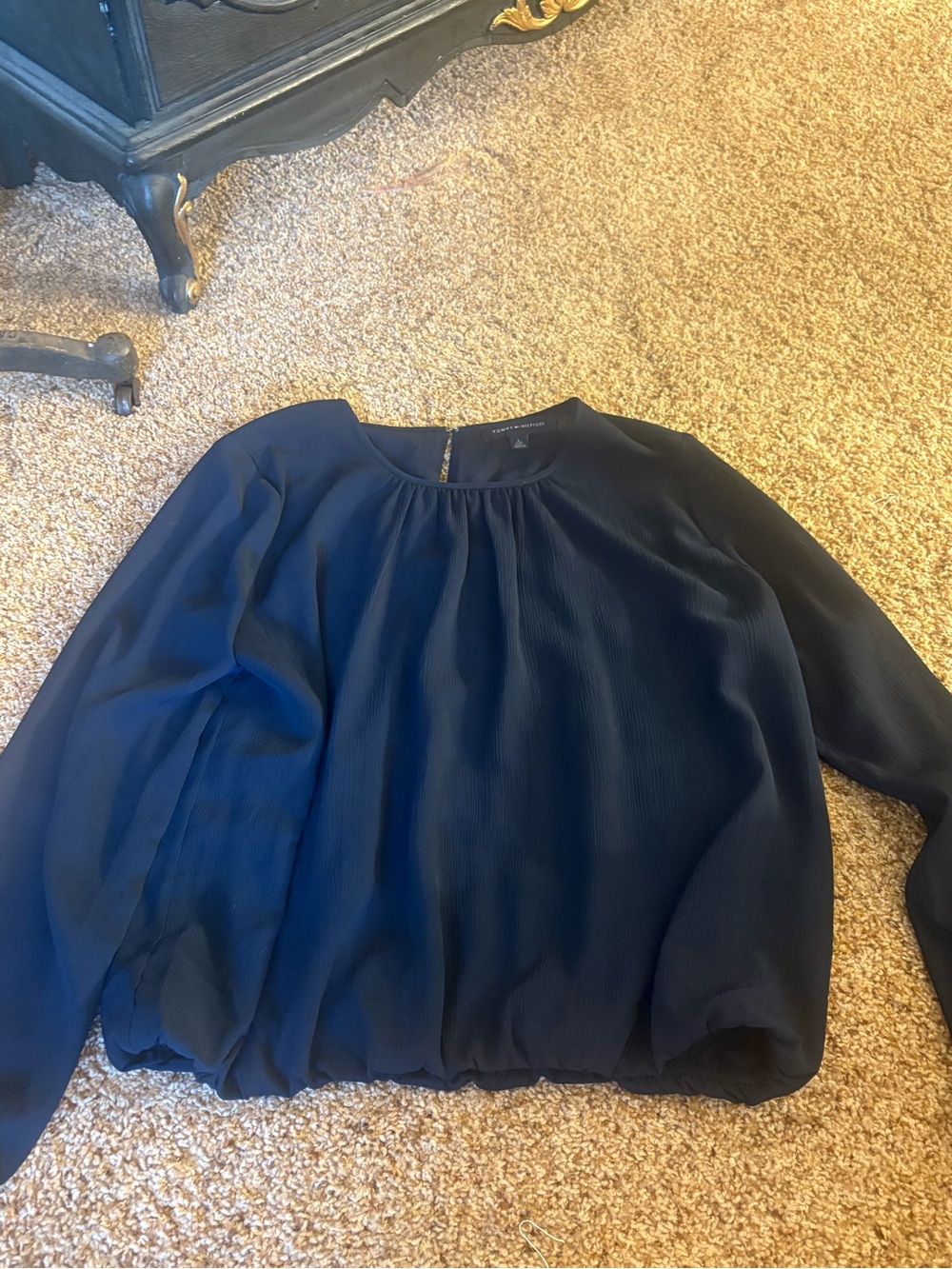 Tommy Hilfiger Navy Long-Sleeve Gathered Neck Blouse